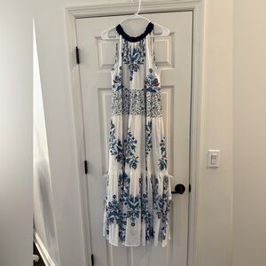 NWT Anthropologie Ro’s Garden Dress Valley Maxi Halter Dress Blue White Medium
